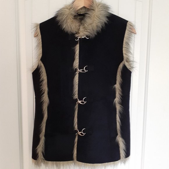 Sport Haley Blue Faux Fur Hook Front Vest Brown Faux Fur Trim Pockets Size M - Picture 1 of 11